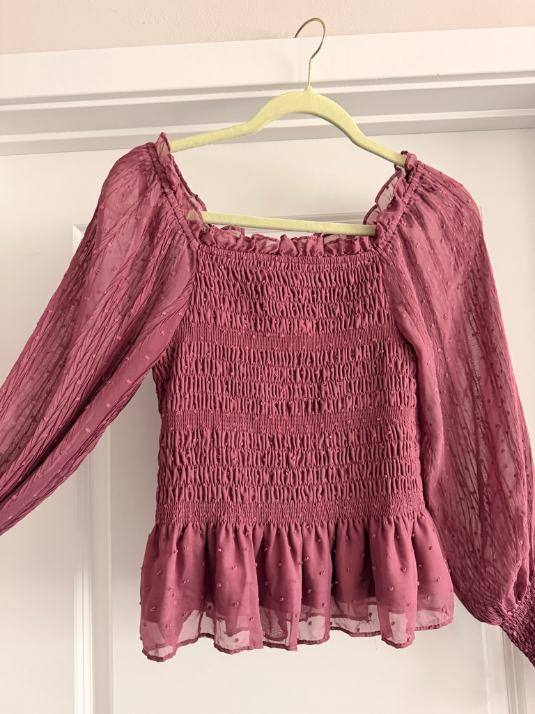 She + Sky Mauve Smocked Peasant Blouse